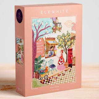 Enjoy lasting fun with the "Sunny Scoop" 500 piece jigsaw puzzle by Elewhite, featuring original art of a woman buying ice cream amid vibrant plants and décor, crafted with premium puzzle board.