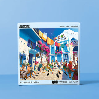 The Santorini | 1,000 Piece Jigsaw Puzzle by StoPuzzle showcases vibrant artwork of a bustling Greek island street with people, buildings, flowers, and animals.