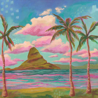 Enjoy assembling the MokoliʻI Sway 500 piece jigsaw puzzle by Surf Shack Puzzles, featuring a vibrant island scene with a mountain, ocean, pink clouds, and palm trees—ideal for eco-friendly puzzle lovers.
