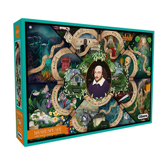 The Shakespeare | 1,000 Piece Jigsaw Puzzle by Gibsons Games features an illustrated portrait of William Shakespeare surrounded by scenes and titles from his famous plays.