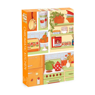 The Olleo Puzzles Chromatic Kitchen | 500 Piece Jigsaw Puzzle features a vibrant retro kitchen scene with green cabinets, jars, plants, and kitchenware—perfect for fans of vintage-inspired puzzles.