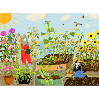 Enjoy "Pawted Plants," a 500-piece jigsaw puzzle by Puzzlefolk featuring two anthropomorphic cats gardening among vibrant flowers and veggies—one watering plants, the other collecting greens in a basket on a sunny day.