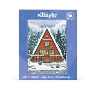 Experience the tranquil beauty of nature with the Midwinter Retreat | 1,000 Piece Jigsaw Puzzle by Villager Puzzles, featuring Nicolle Lalonde’s illustration of a red A-frame cabin nestled in a snowy forest with pine trees and mountains in the background. This charming puzzle captures the peaceful essence of a cozy winter escape.