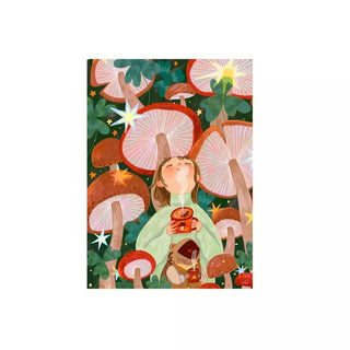 Relax under glowing stars and giant fungi with Trevell's "Under the Mushrooms" 99 Piece Jigsaw Puzzle—featuring a content book lover lounging beneath towering mushrooms.