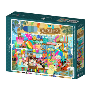 The Beach Souvenir Shop 1,000 Piece Jigsaw Puzzle by Pieces & Peace features Cynthia Frenette’s vibrant artwork of a lively beach souvenir shop—packed with seashells, hats, and more. Made in France.