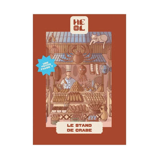 Charming 99-piece mini jigsaw puzzle by Heol Editions: Le Stand De Crabe. Features a seafood market scene with chef, sea creatures, cats on the roof, French text, and a blue "Une Petite Pause?" sticker.