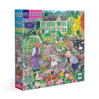 The eeBoo French Flower Garden 1,000 piece jigsaw puzzle showcases an illustrated scene of two people gardening among flowers, a large house, ducks, a cat, and lush greenery inspired by Monet.