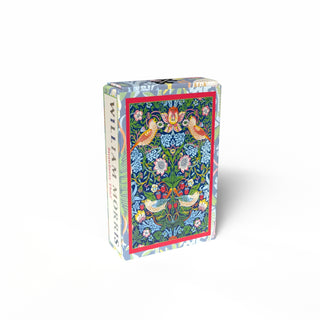 The Penny Puzzle William Morris Strawberry Thief 99 Piece Jigsaw Puzzle comes in a decorative box with a colorful floral and bird design, ideal for mini puzzle storage or as a vintage collector's item.