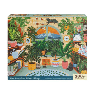 Whimsigo’s The Purrfect Plant Shop | 500 Piece Jigsaw Puzzle features a vibrant plant shop scene filled with potted plants, a curious cat, gardening tools, and mountains framed by a grand arched window—a delightful puzzle perfect for nature and cat lovers!.