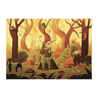 A woman in a long dress stands with a deer among whimsical trees and animals in warm hues—perfect as Heol Editions' L’Appel de la Forêt | 500 Piece Jigsaw Puzzle.