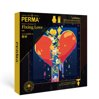 The Fixing Love | 321 Piece Jigsaw Puzzle by PERMA Puzzle features a cracked red heart mended with gold, set among flowers and whimsical objects on a dark background, symbolizing healing in relationships.