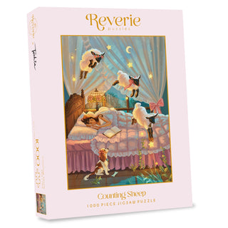 Counting Sheep | 1,000 Piece Jigsaw Puzzle by Reverie Puzzles features a girl reading in bed as fluffy sheep leap and a dog watches—a charming puzzle perfect for cozy nights.