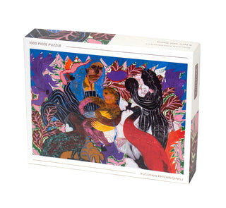 The "A New Star Rising" 1,000-piece jigsaw puzzle by Kinstler Puzzles showcases vibrant abstract art by Rusudan Khizanishvili with stylized figures—ideal for fans of mother and child themes seeking a colorful challenge.