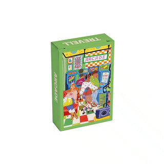 A green box labeled Arcade | 99 Piece Jigsaw Puzzle by Trevell with a retro arcade scene, people playing games, bright decor, and a camera on the floor.