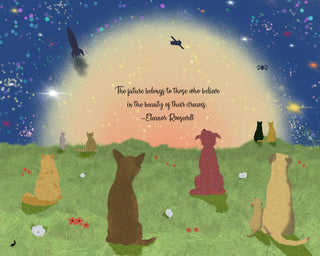 The Beautiful Future | 500 Piece Jigsaw Puzzle by Mimsybird Puzzles features cats and dogs on grass, watching a glowing sky with squirrels and lights. An Eleanor Roosevelt quote is centered on its velvety soft surface.