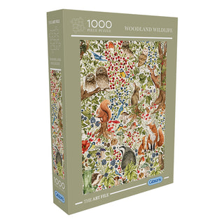 The Woodland Wildlife | 1,000 Piece Jigsaw Puzzle by Gibsons Games features illustrated forest animals and plants on the cover and is made from recycled cardboard.