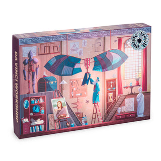 Explore the intricate world of Leonardo da Vinci with the Trevell Da Vinci Workshop | 1,000 Piece Jigsaw Puzzle. This beautifully illustrated puzzle box features a vibrant, detailed scene of da Vinci’s workshop—complete with his inventions, masterpieces, and a figure trying on flying wings. Proudly made in Turkey, each 1,000 piece puzzle comes packaged in a cotton bag for safekeeping.