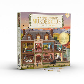 The Mystery Writers’ Murder Club 1,000-piece jigsaw puzzle in its box, featuring an illustration of a Victorian mansion with a cutaway interior view and people on the grounds.
