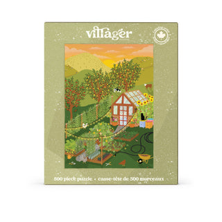 Add a cozy touch to your collection with the Hobby Farm | 500 Piece Jigsaw Puzzle from Villager Puzzles—a charming cottagecore puzzle box showcasing a vibrant garden scene with a greenhouse, flourishing plants, playful animals, and rolling hills under a glowing sunset sky.