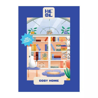 Cosy Home | 99 Piece Jigsaw Puzzle by Heol Editions: a charming mini puzzle made in France, featuring a cozy living room scene with bookshelves, plants, a cat on a chair, and a rug framed by a blue border. Relaxing and delightful!.