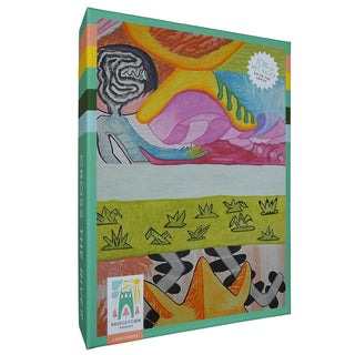 Discover the Cross the River | 1,000 Piece Jigsaw Puzzle by Bridgetown Puzzles, a vibrant box featuring abstract artwork with bold shapes and patterns. The packaging includes a sticker highlighting ten new styles from various artists. Enjoy an easy-to-assemble, low-dust puzzle with a soft-touch finish for a premium experience as you piece together every colorful detail.