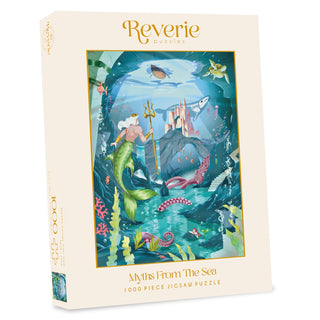 Reverie Puzzles’ “Myths from the Sea” 1,000 piece jigsaw puzzle features an enchanting underwater scene with a mermaid, mythical sea creatures, and an ocean castle on the cover.