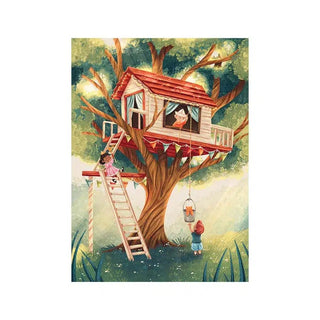 Charming treehouse scene: a girl climbs the ladder, another waves from inside, and a boy pulls up a basket—perfect for Trevell’s Return To Childhood 99 Piece Jigsaw Puzzle.