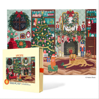 A completed Festive Family Room | 1,000 Piece Jigsaw Puzzle showing a festive family room with a decorated Christmas tree, fireplace, and dog, displayed next to its box.