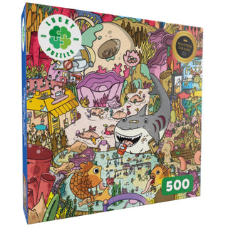 Discover the "Giggles Under the Sea" 500-piece jigsaw puzzle by Lucky Puzzles, featuring a vibrant, chaotic underwater scene filled with lively cartoon sea creatures, a playful shark, and an assortment of quirky objects—all showcased on a colorful box proudly displaying the Lucky Puzzles logo.