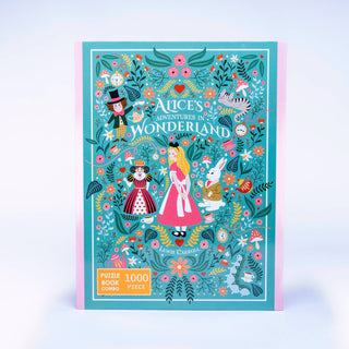 The Alice in Wonderland 1,000 Piece Jigsaw Puzzle by Bookworm Puzzles features illustrated characters on a teal floral background—a wonderful gift for classic tale fans.