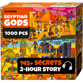 QUOKKA’s Egyptian Gods | 1,000 Piece Jigsaw Puzzle features vibrant ancient scenes, 145+ secrets in text, and a 2-hour story audio—ideal for adult puzzle fans and lovers of mythology.
