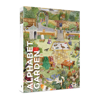 Discover the Alphabet Garden | 1,000 Piece Jigsaw Puzzle by Pomegranate, featuring a vibrant illustrated garden scene with people, birds, plants, and a whimsical picnic. “ALPHABET GARDEN” is printed vertically on the left side. Made from recycled paper board, this charming puzzle also includes delightful hidden objects to uncover as you assemble it.