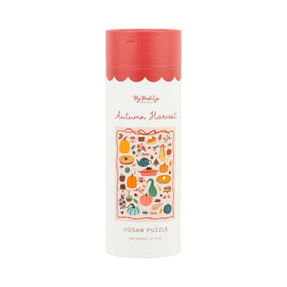 The Autumn Harvest | 500 Piece Jigsaw Puzzle by My Mind's Eye comes in a cylindrical container with fall produce artwork, making it a perfect cozy autumn challenge for puzzle lovers.
