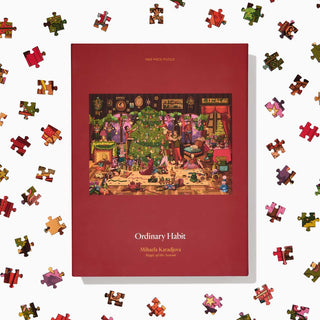 A 1,000-piece jigsaw puzzle from Ordinary Habit, "Magic of the Season," features vibrant holiday artwork—an ideal choice for cozy Christmas puzzle sessions surrounded by scattered pieces.