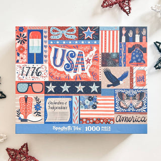 Red, White & Blue | 1,000 Piece Jigsaw Puzzle by Spaghetti Tree is a patriotic challenge with vibrant USA-themed illustrations perfect for Independence Day.
