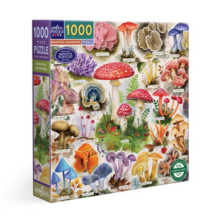 The eeBoo Bountiful Mushrooms 1,000 Piece Jigsaw Puzzle features vibrant watercolor art of various labeled mushroom varieties on a white background.