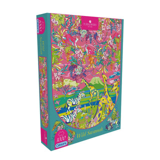The House of Turnowsky: Wild Savanna 1,000 piece jigsaw puzzle by Gibsons Games features colorful wildlife—giraffes, zebras, trees, and flowers on a vibrant pink and turquoise background—ideal for art puzzle fans.