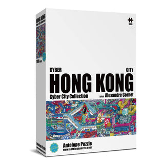 Box for Antelope Puzzle's Cyber Hong Kong City 1,000 Piece Jigsaw Puzzle, featuring a vibrant city illustration—ideal for puzzle fans and collectors.