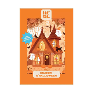 Illustration of a whimsical Halloween house with pumpkins, ghosts, bats, and a black cat among autumn trees. French text reads "Maison d’Halloween". Maison d’Halloween | 99 Piece Jigsaw Puzzle by Heol Editions—perfect for festive fun!.