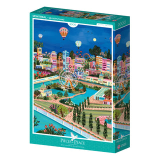 The Montreal | 2,000 Piece Jigsaw Puzzle by Pieces & Peace showcases Millie Putland's vibrant Montreal scenes with landmarks, hot air balloons, a Ferris wheel, and parks—crafted in France.