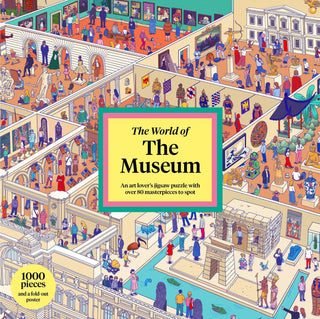 The colorful illustrated cover of The World of the Museum | 1,000 Piece Jigsaw Puzzle by Laurence King Publishing features a lively, maze-like museum interior bustling with visitors exploring art and exhibits; ideal for puzzle enthusiasts who enjoy vibrant, challenging designs.