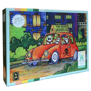 Bridgetown Puzzles’ “The Dead’s Drivers Ed” is a 1,000-piece jigsaw puzzle showcasing cartoon skeletons in an orange car beneath a sign that reads “The Dead Drivers EP.” Crafted with a soft-touch finish, this puzzle comes with a poster, and 10% of net sales go directly to artists.