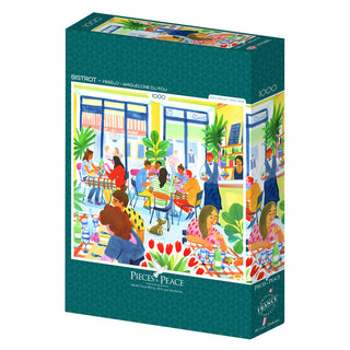 Bistrot | 1,000 Piece Jigsaw Puzzle by Pieces & Peace features a vibrant illustration by Maguelone Du Fou of people dining outdoors, and is proudly made in France.