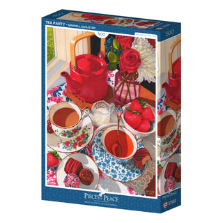 The Tea Party | 500 Piece Jigsaw Puzzle by Pieces & Peace features artwork by Mardell Schuster and is made in France, depicting a teapot, teacup, flowers, strawberries, and desserts arranged on a floral tablecloth near a sunny window.