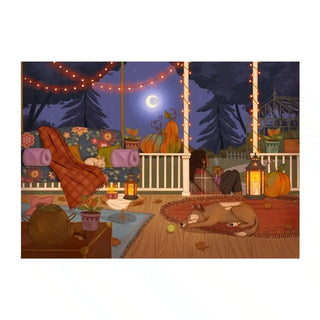 Relax on a cozy porch at night with string lights, pumpkins, a sleeping dog, and a crescent moon in "Autumn Night"—a beautifully illustrated 1,000 piece jigsaw puzzle by Trevell and artist Giulia Varetto.