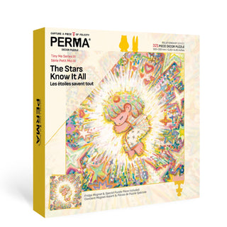 The PERMA Puzzle "The Stars Know It All" is a 321-piece jigsaw featuring a child with angel wings and stars, glitter finish, and bilingual English/French text.