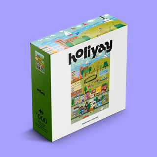 The Urban Stroll | 1,000 Piece Jigsaw Puzzle by Holiyay Puzzles features colorful cartoon illustrations of a town and park set against a purple background, with artwork by Alysha Dawn Puopolo and a premium matte finish for an enjoyable puzzling experience.