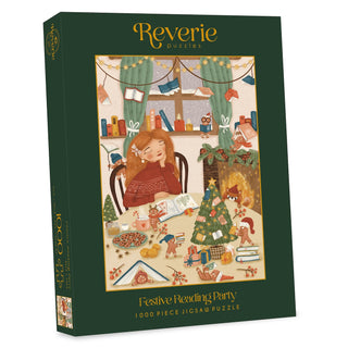 Box for Festive Reading Party | 1,000 Piece Jigsaw Puzzle by Reverie Puzzles, showing a girl reading at a festive holiday table with books, treats, and decorations.