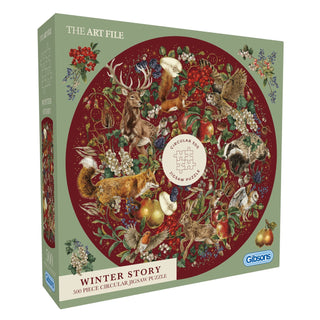 The Art File: Winter Story is a 500 piece circular jigsaw puzzle by Gibsons Games, featuring illustrated woodland creatures, berries, and foliage on a red background.