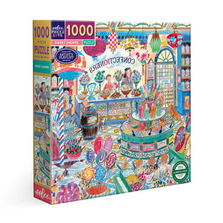 The Sweet Shoppe | 1,000 Piece Jigsaw Puzzle by eeBoo features a vibrant candy shop scene and is made from recycled board.